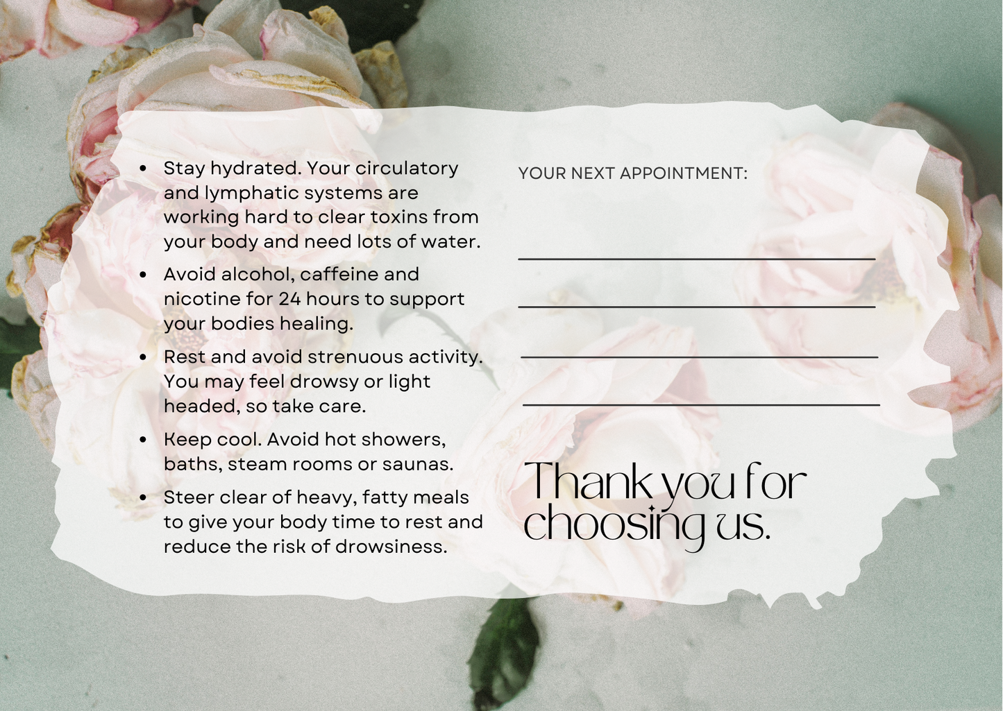 Aftercare Advice Cards Vintage Rose