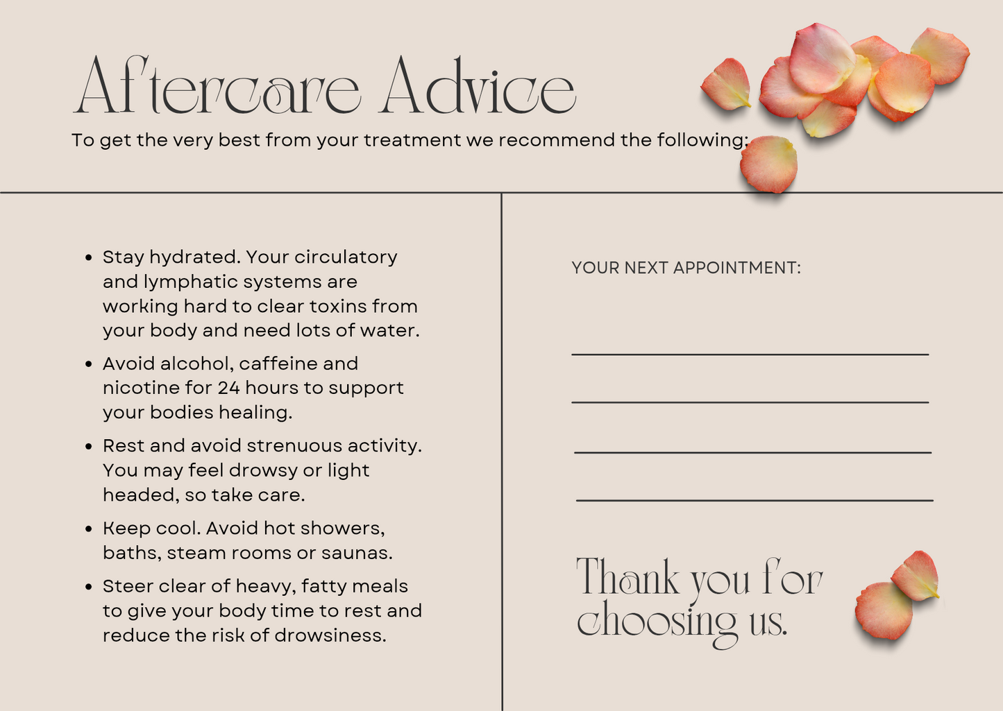 Aftercare Advice Cards Rose Petals